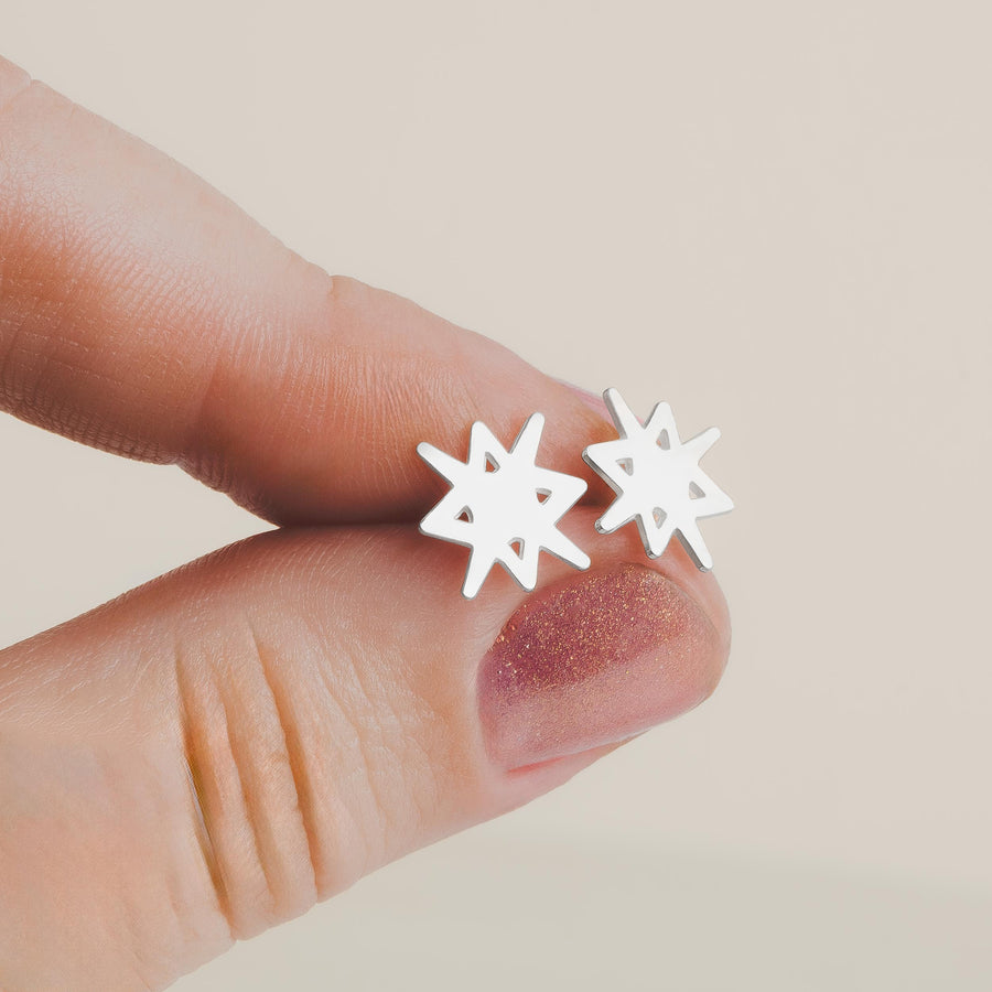 North Star Earrings | Sterling Silver Starburst Stud Earrings | Trending Star Earrings | Perfect Minimalist Look | Celestial Zodiac Space
