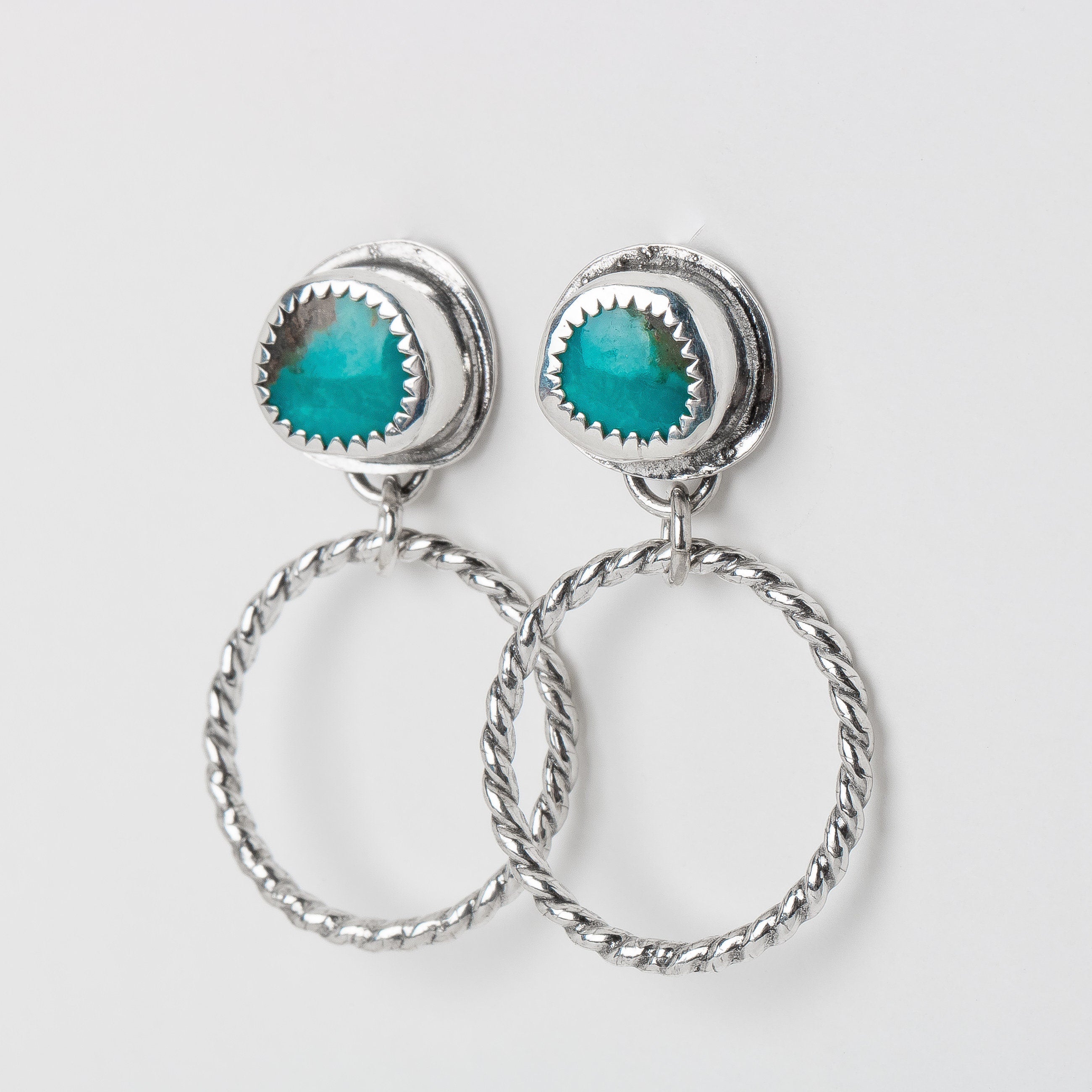 Lilah Earrings | Blue Kingman Turquoise Earrings With Twisted Rope Hoops & Threaded Screw On Posts | Big 925 Sterling Silver Boho Stud Post