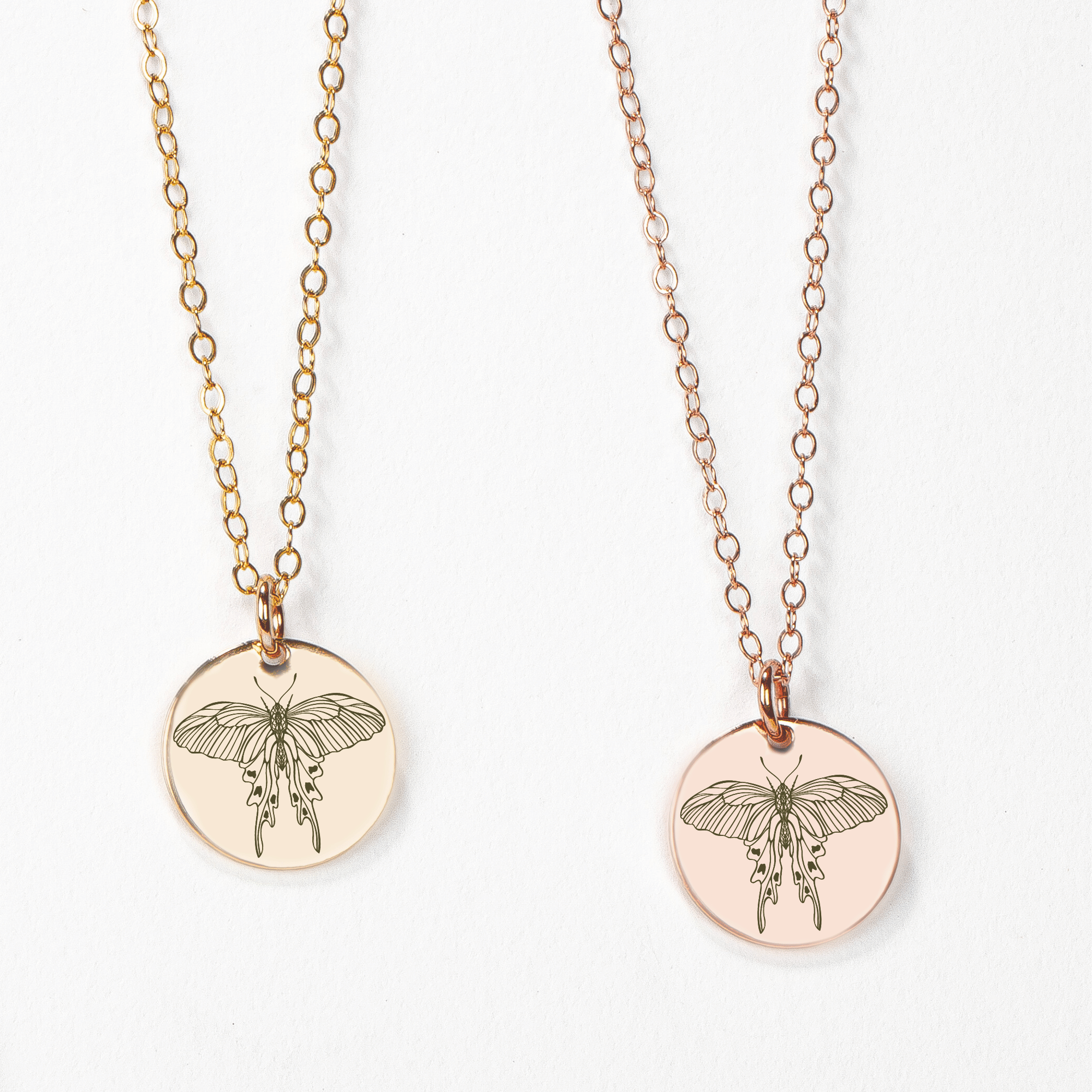 Luna Moth Disc Necklace | Engraved Disc Necklace in Silver, Gold, or Rose Gold | Boho Bohemian Hippy Gypsy Insect Bug Jewelry for Women