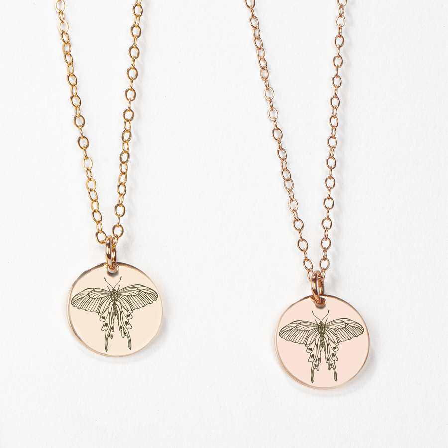 Luna Moth Disc Necklace | Engraved Disc Necklace in Silver, Gold, or Rose Gold | Boho Bohemian Hippy Gypsy Insect Bug Jewelry for Women