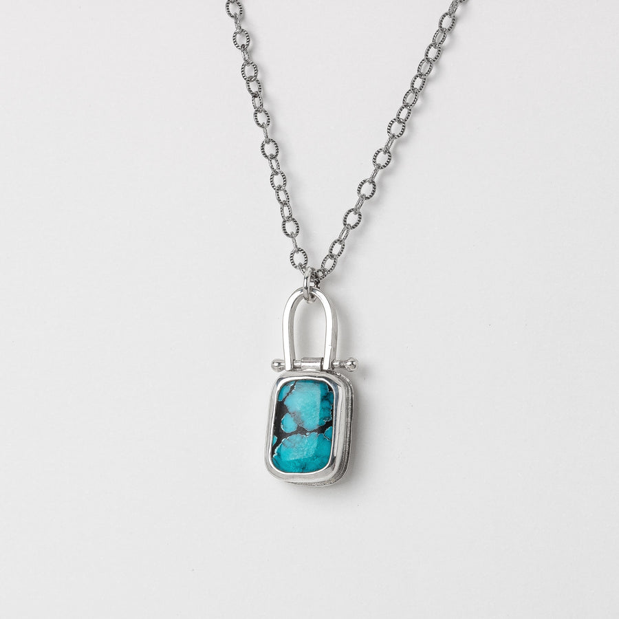 Rectangle Cloud Mountain Turquoise Hinge Necklace In Sterling Silver | Pinned Adjustable Aqua Blue And Black Spiderweb Boho Pendant