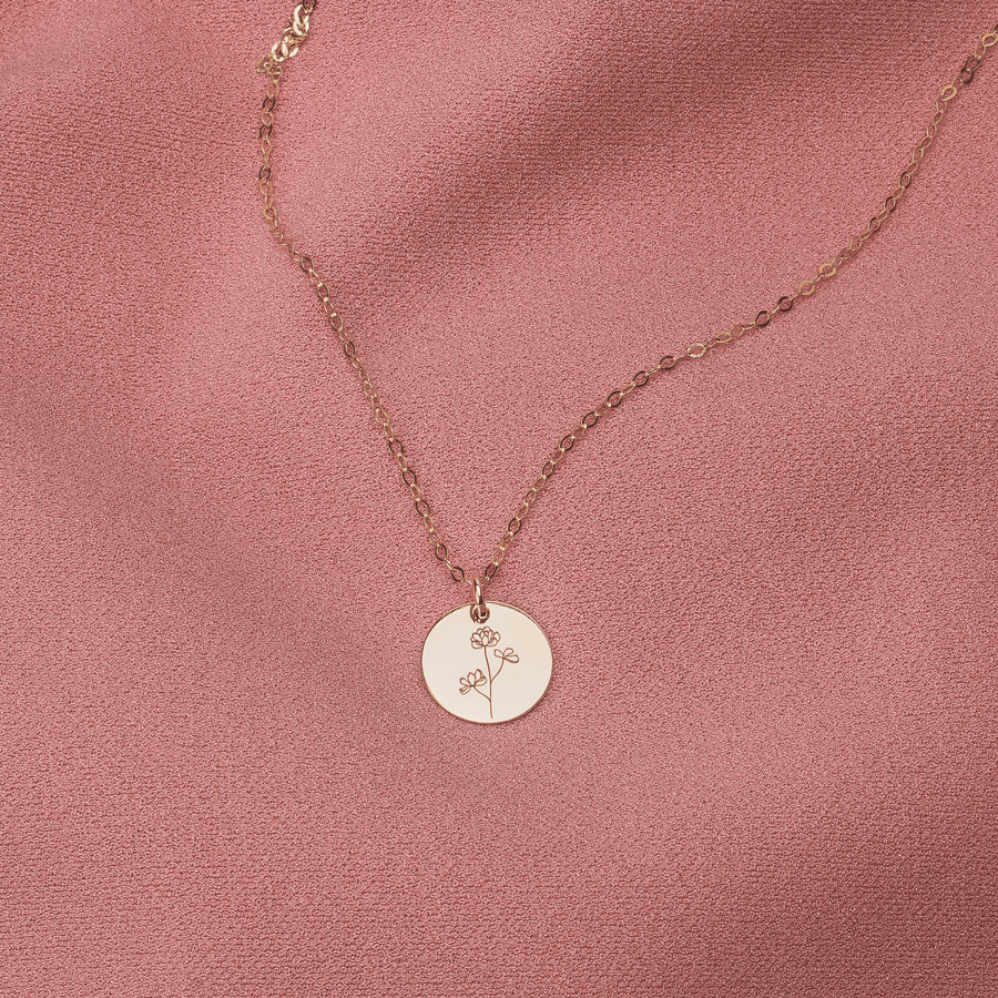 Peony Flowers Disc Necklace - Melanie Golden Jewelry - bridesmaid, disc necklaces, Engraved Jewelry, everyday, flora, minimal minimal necklace, minimal necklace, necklace, necklaces, symbolic, wedding, wedding party