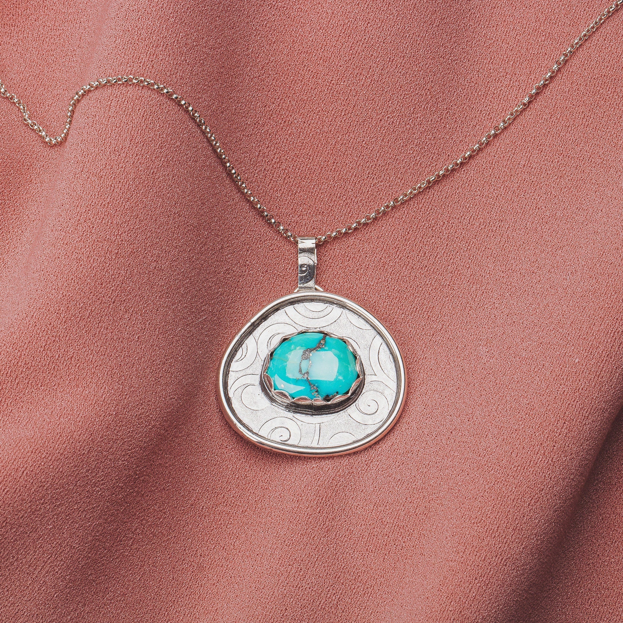 Morenci Turquoise Gemstone Necklace | Big Aqua Blue Bohemian Boho Style Pendant Necklace With Swirly Border In Sterling Silver