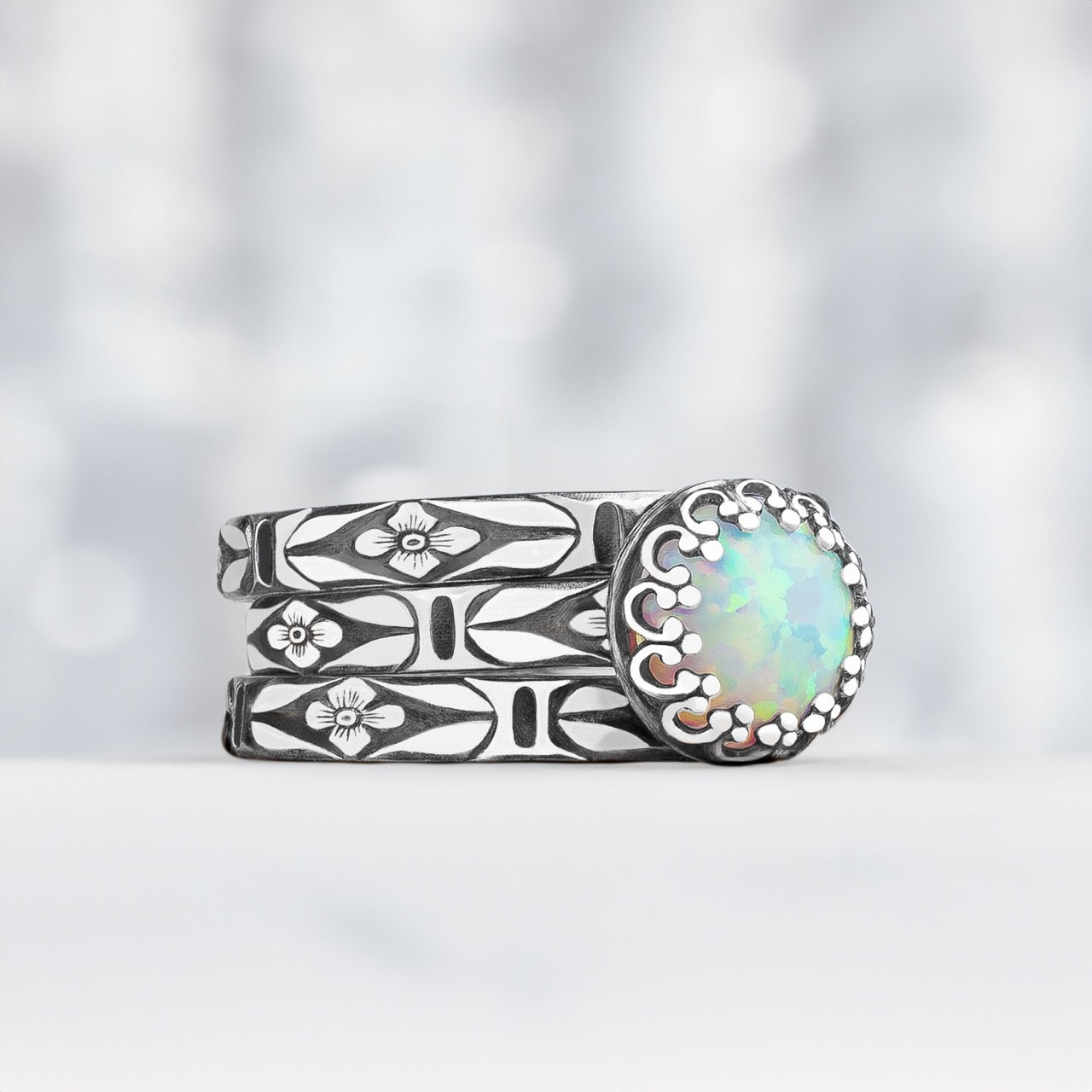 Opal Stacking Rings | Set of 3 Floral Colorful Multicolored Flashy Opal Stacking Rings in Sterling Silver | October Birthstone | USA Sizes 4-12