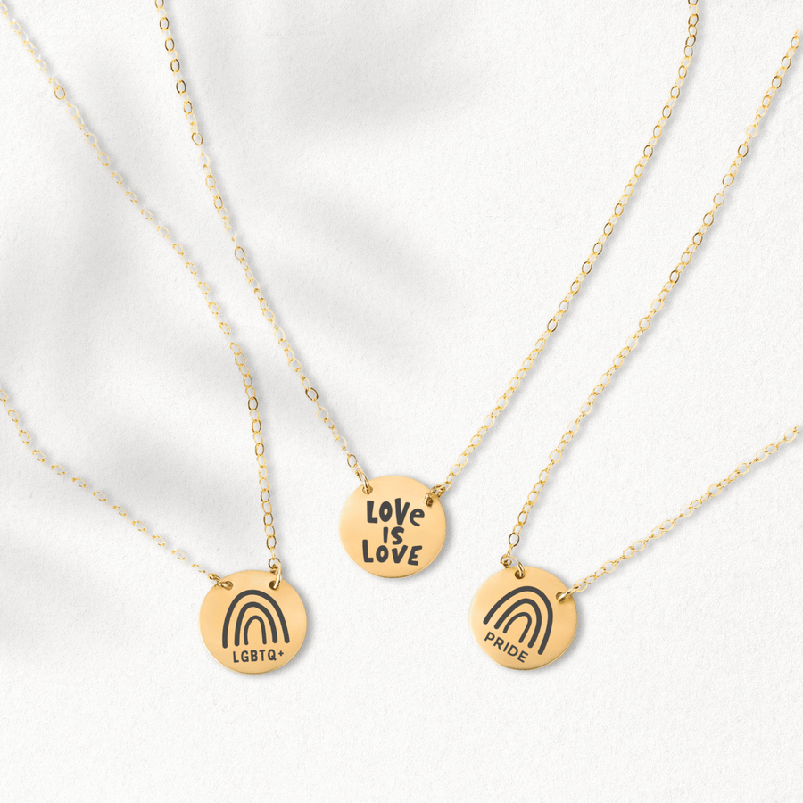 Pride Necklace | Rainbow Gay Pride Necklace, LGBTQ Love is Love Necklace, Queer Necklace | Engraved Circle Necklace, Silver Gold, Rose Gold