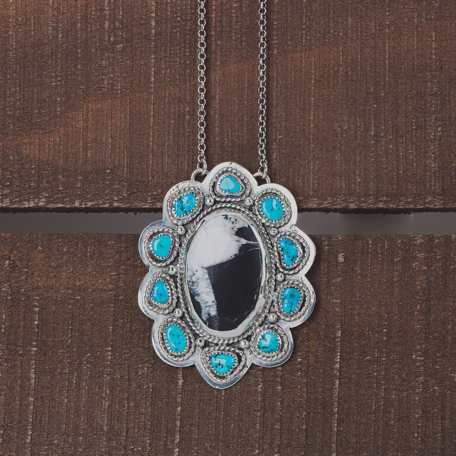 White Buffalo & Sleeping Beauty Turquoise Cluster Necklace In Sterling Silver | Huge Big Black White Aqua Blue Floral Boho Bohemian Pendant