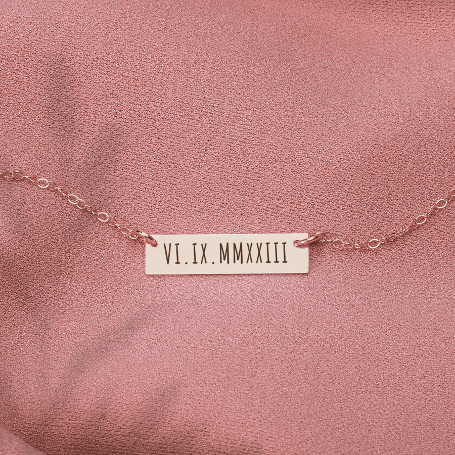 Personalized Roman Numerals Bar Necklace | Custom Engraved Skinny Number Date Bar Necklace in Silver, Gold, or Rose Gold | Gift for Her