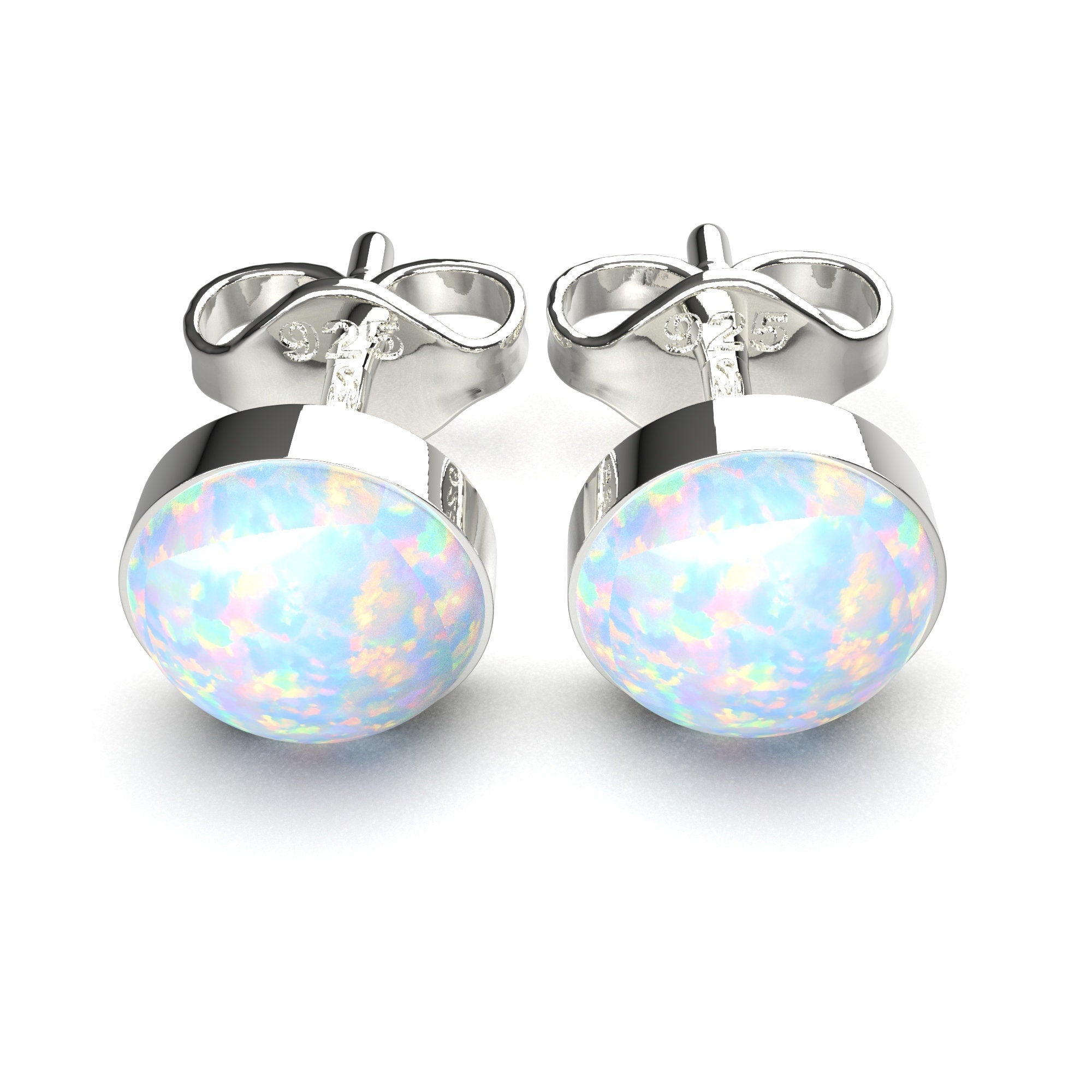 Opal Gemstone Stud Earrings | Sterling Silver Round Circle Multicolored Colorful Flashy Stone Post Earrings | Multiple Sizes | October Birthstone