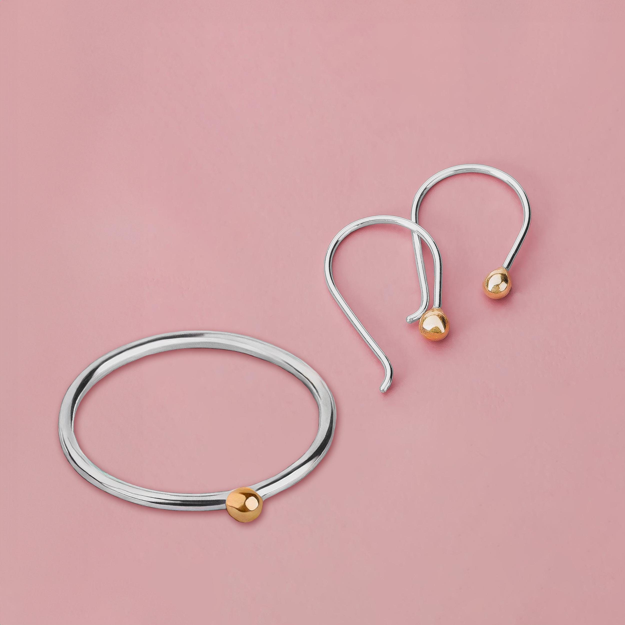 Gold Dot Gift Set | Pull Through Threader Earrings & Stacking Ring Band | Mixed Metal Sterling Silver and 14K Gold | Modern Gift for Her