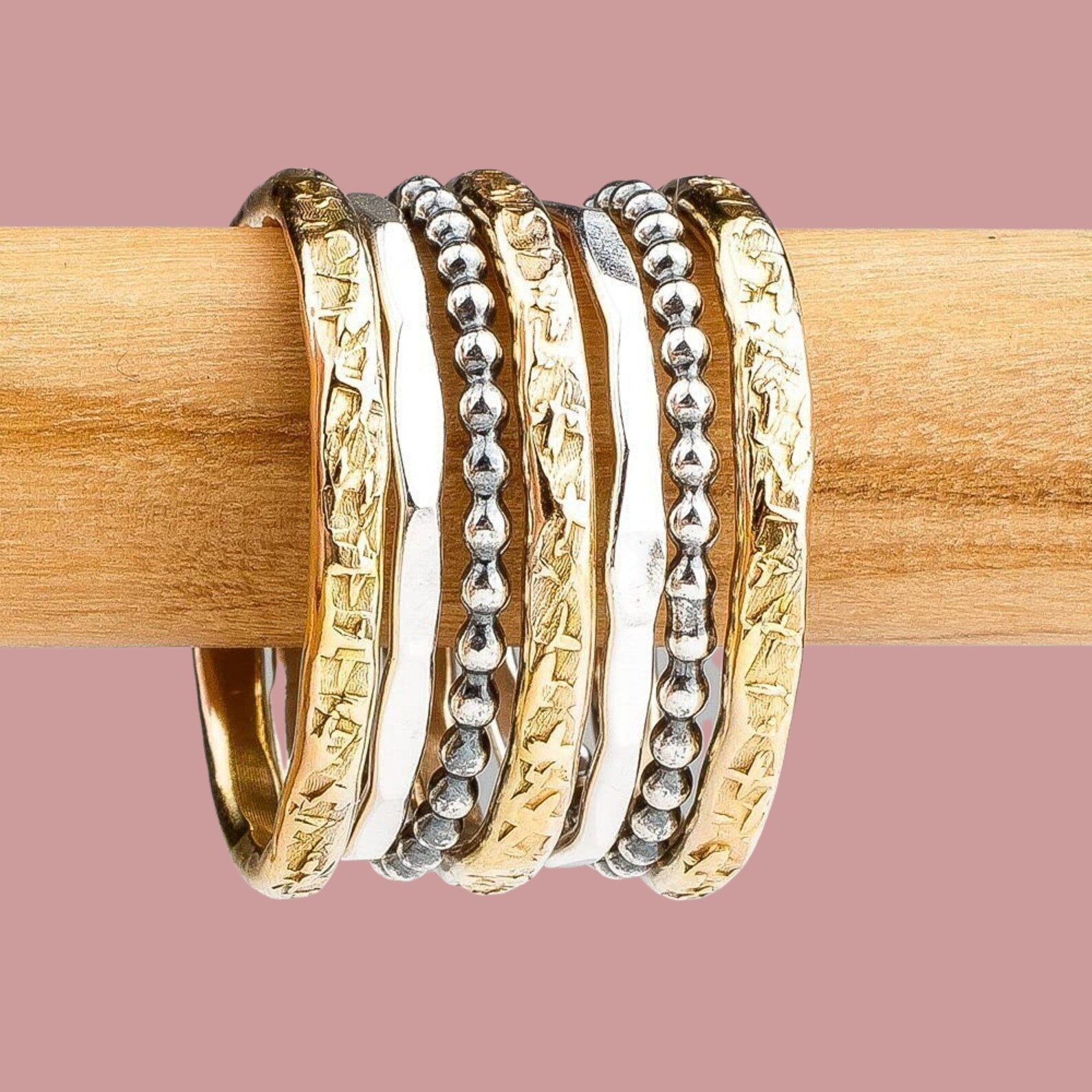 The Demi Stack | Set of 7 Mixed Metal Stackable Rings in Gold and Silver | Bold Statement Ring Bands | USA Sizes 4-12