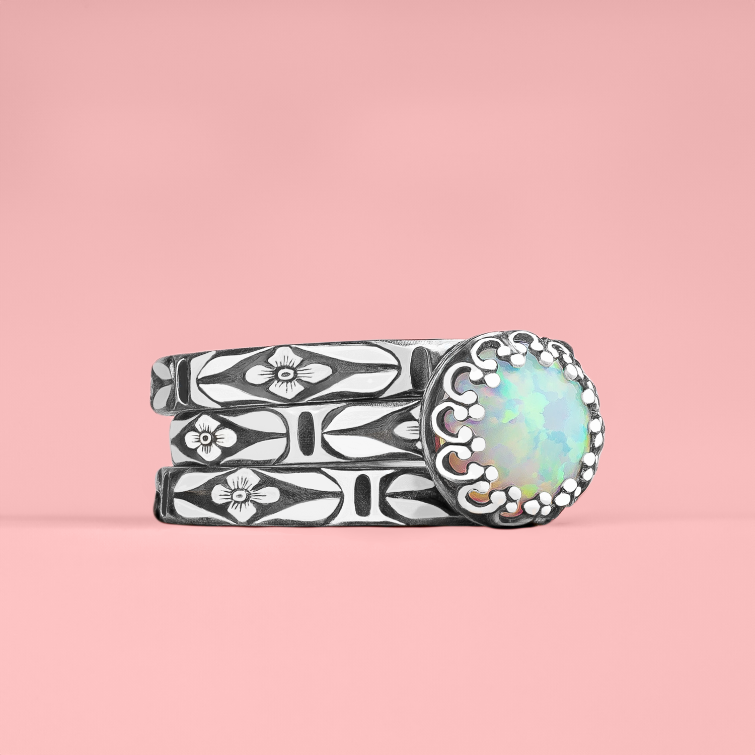 Opal Stacking Rings | Set of 3 Floral Colorful Multicolored Flashy Opal Stacking Rings in Sterling Silver | October Birthstone | USA Sizes 4-12