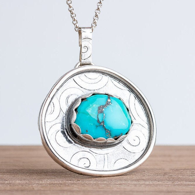 Morenci Turquoise Gemstone Necklace | Big Aqua Blue Bohemian Boho Style Pendant Necklace With Swirly Border In Sterling Silver