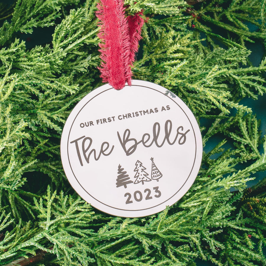 Newlyweds Christmas Ornament | Personalized Gift for Married Couples | Custom Family Name & Year Holiday Decor | Modern Stainless Steel