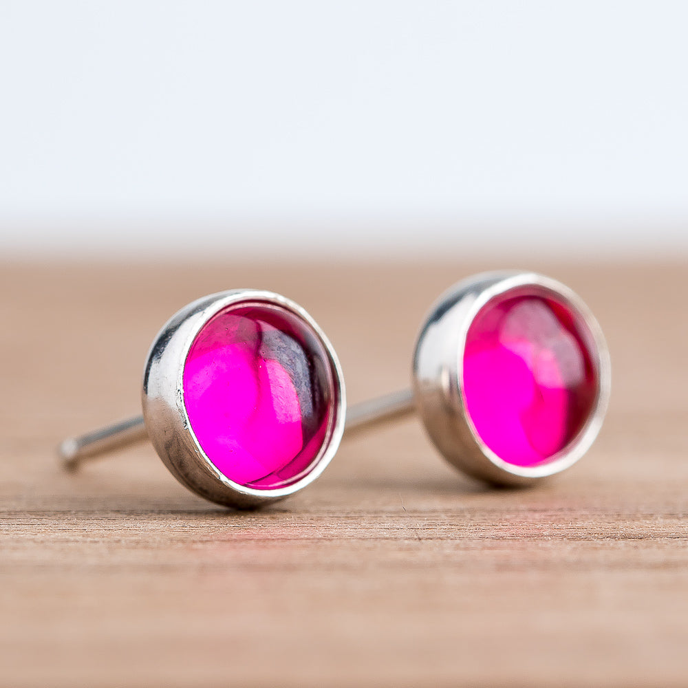 Ruby Gemstone Stud Earrings | Sterling Silver Hot Pink Round Circle Post Earrings