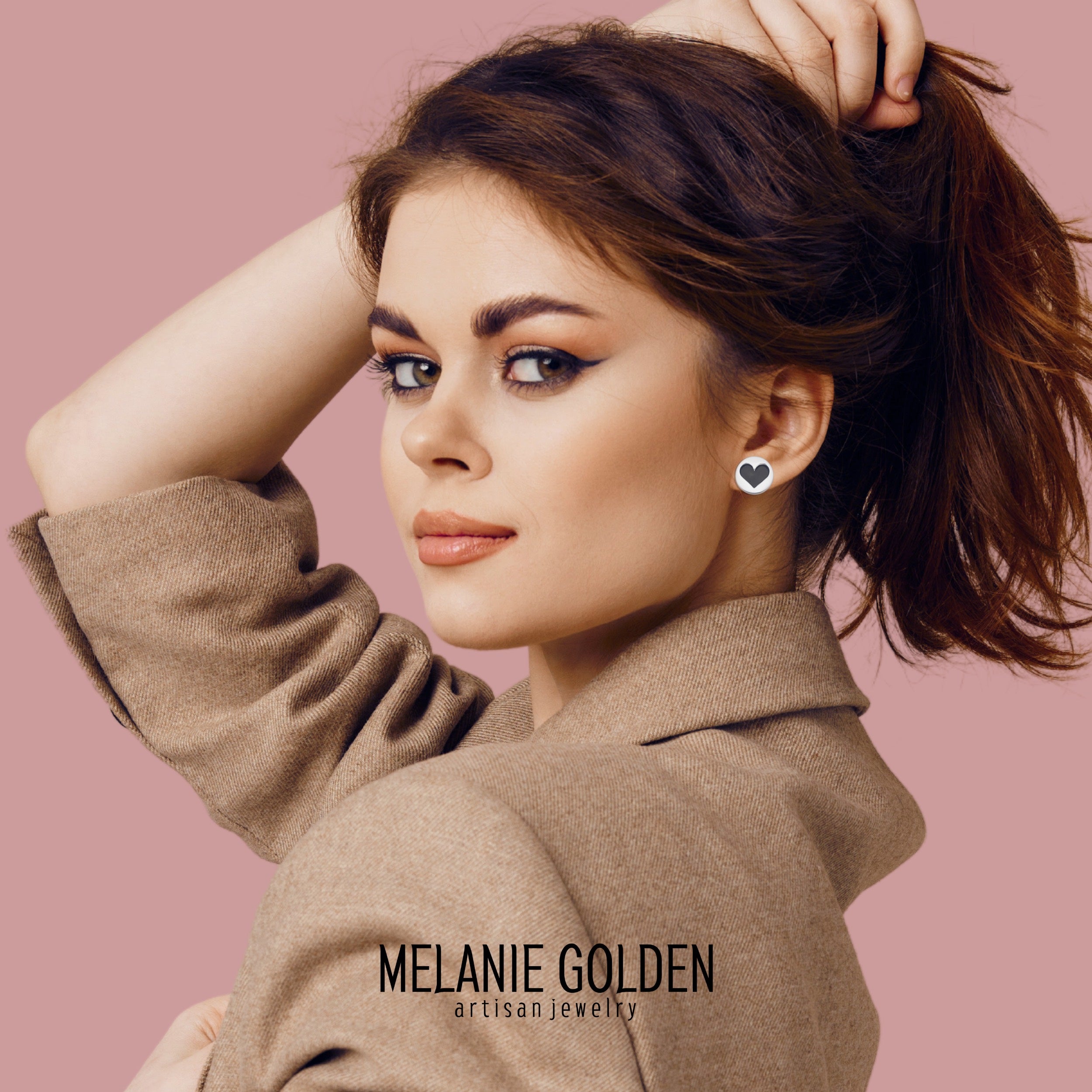 Heart Stud Earrings | Big Black & Silver Big Sterling Silver Heart Circle Disc Post Earrings For Women And Girls | Valentines Day Jewelry