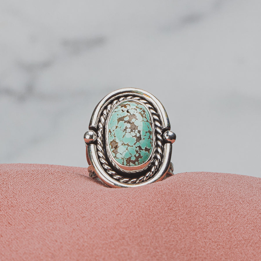 Size 7.5 Carico Lake Turquoise Gemstone Ring In Sterling Silver | Aqua Seafoam Blue Boho Bohemian Southwestern Indian Navajo Statement Ring