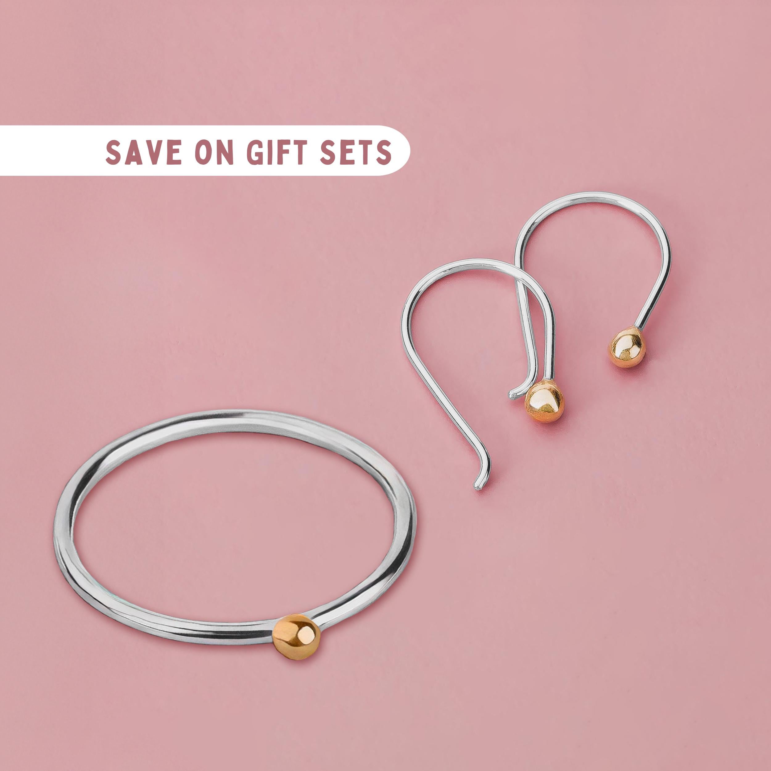 Gold Dot Gift Set | Pull Through Threader Earrings & Stacking Ring Band | Mixed Metal Sterling Silver and 14K Gold | Modern Gift for Her