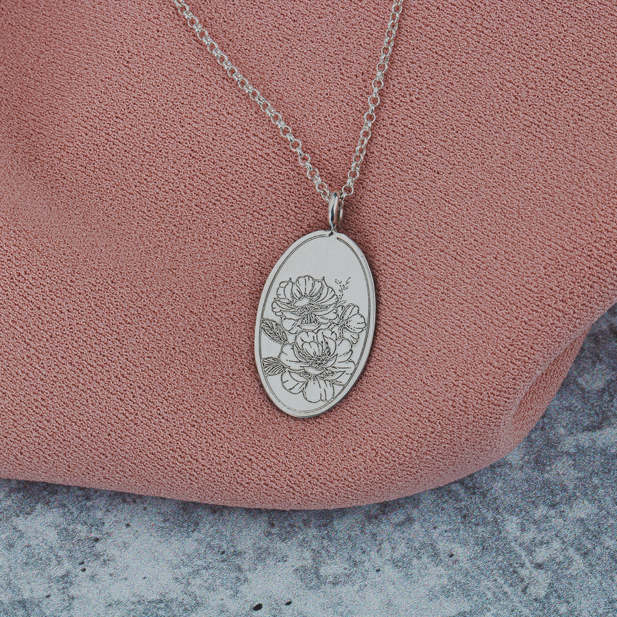 Engraved Peony Flower Pendant Necklace