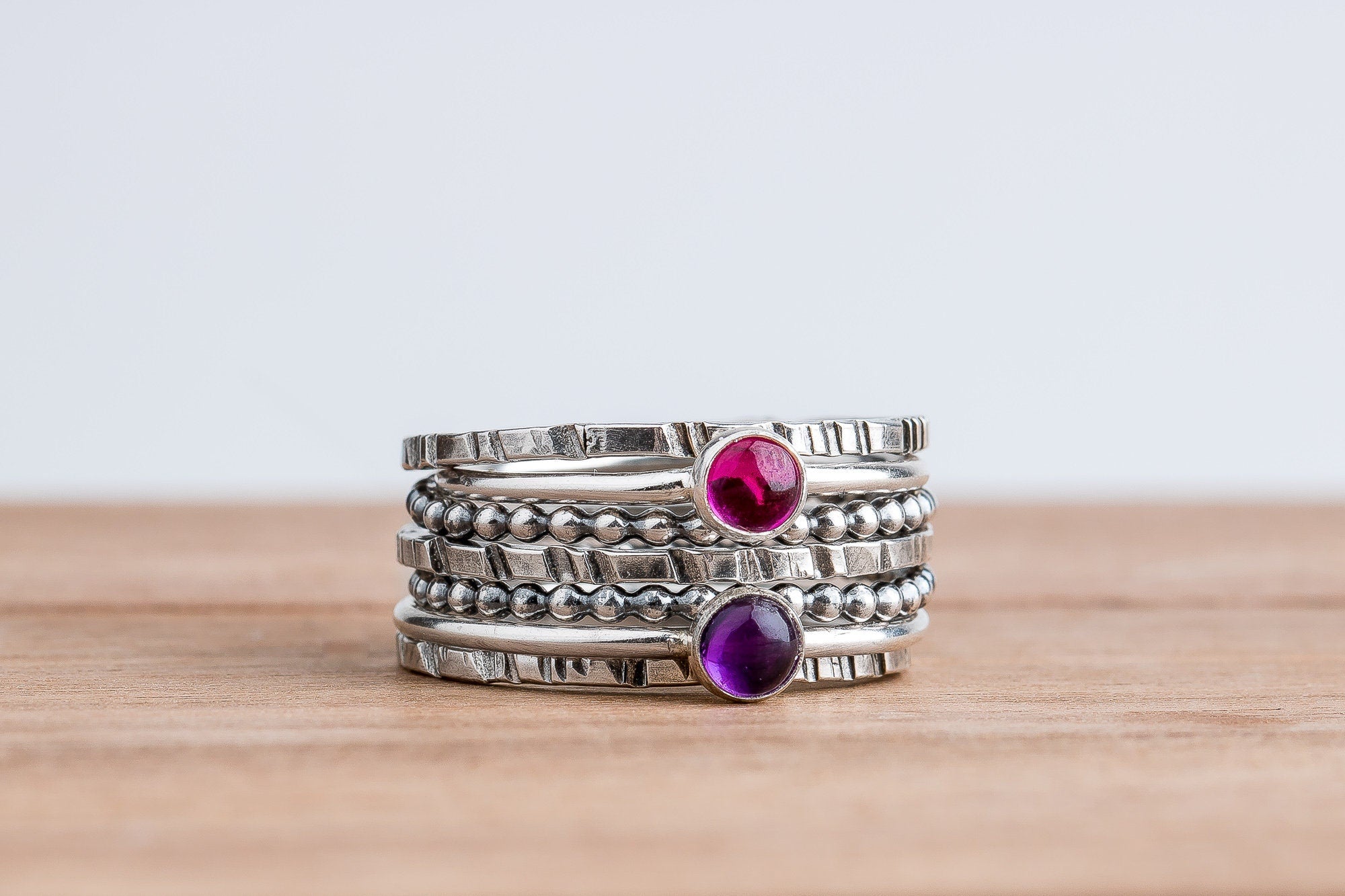 Colorful Stacking Gemstone Rings Set Of 7