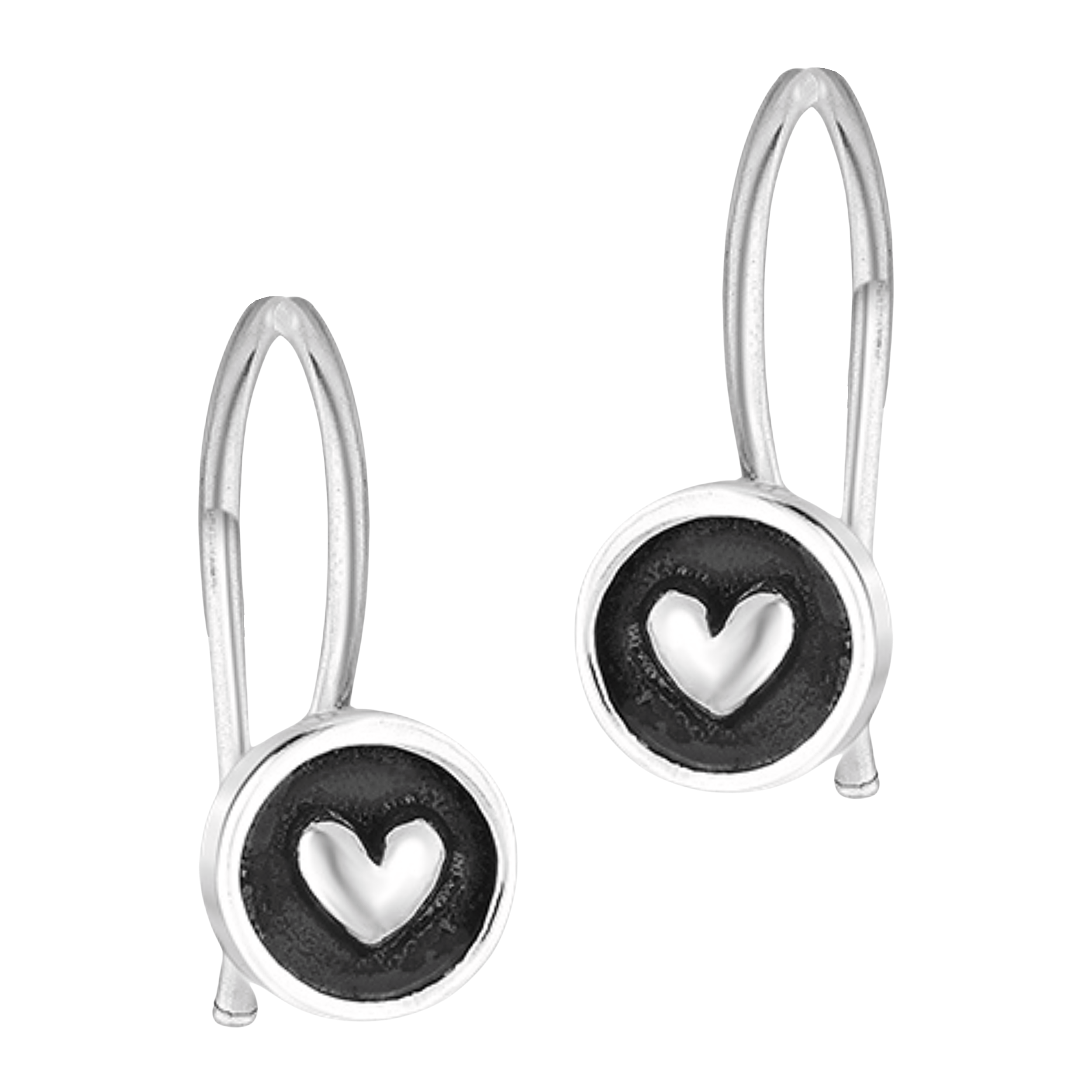 Round Heart Hook Earrings | Tiny Sterling Silver Round Circle Dangle Drop Earrings | Oxidized Black & Silver Heart | Valentines Day Jewelry