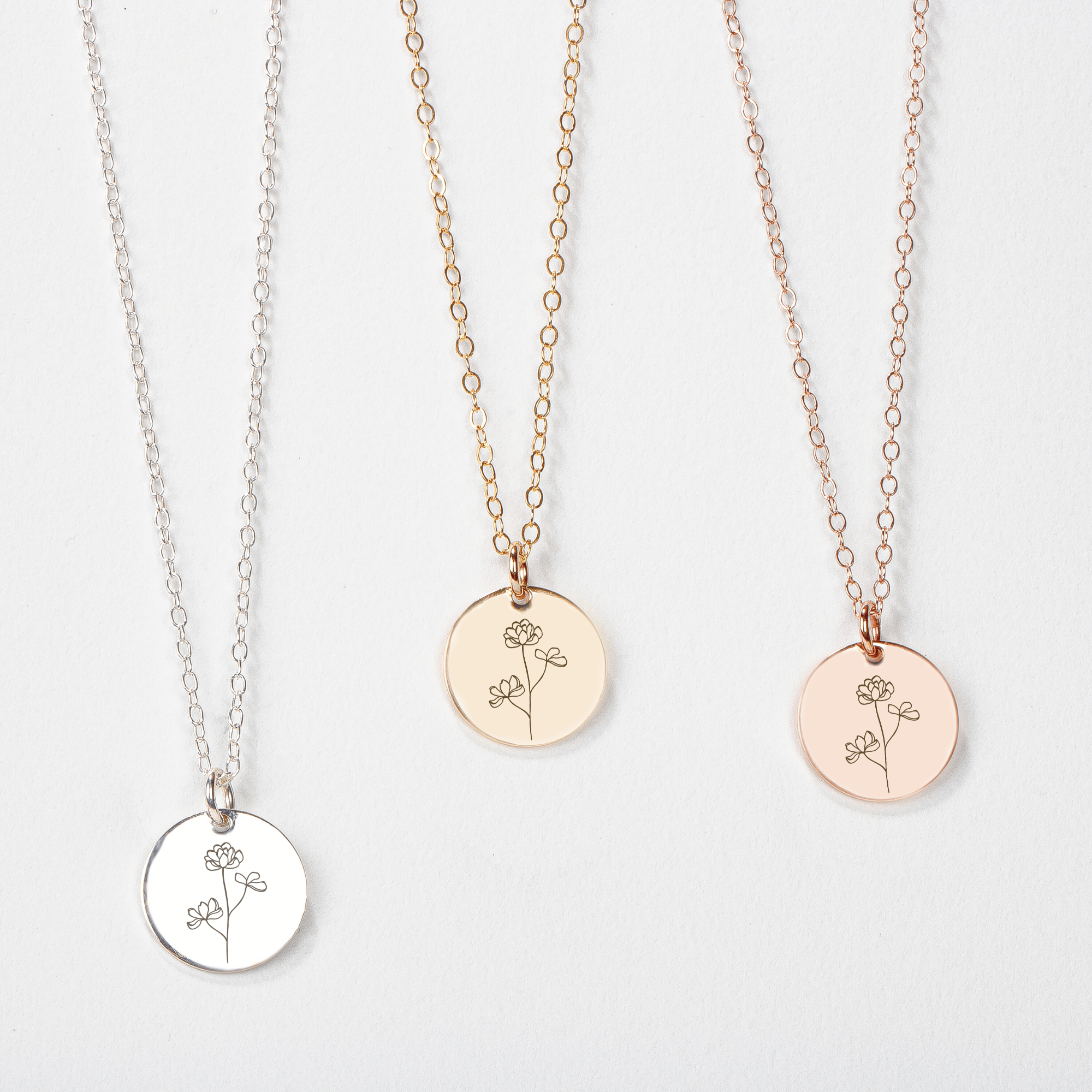 Peony Flowers Disc Necklace - Melanie Golden Jewelry - bridesmaid, disc necklaces, Engraved Jewelry, everyday, flora, minimal minimal necklace, minimal necklace, necklace, necklaces, symbolic, wedding, wedding party