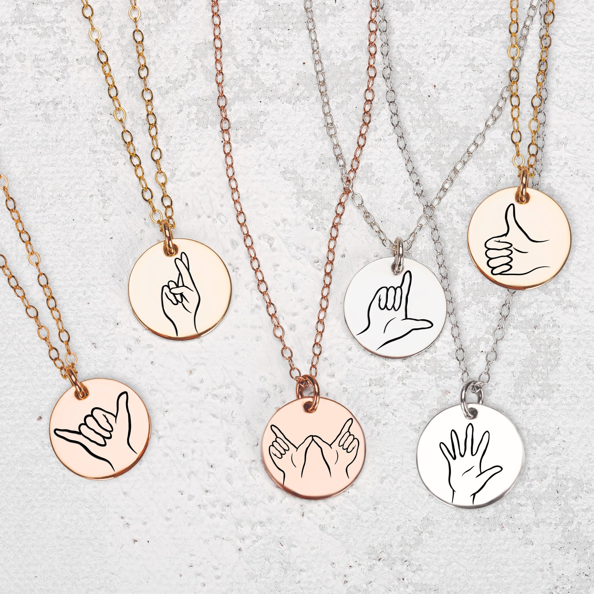 Hand Gesture Necklace | Engraved Circle Disc Pendant, Silver Gold or Rose | ASL Sign Language Cool Gift Idea for Friends Sisters Besties