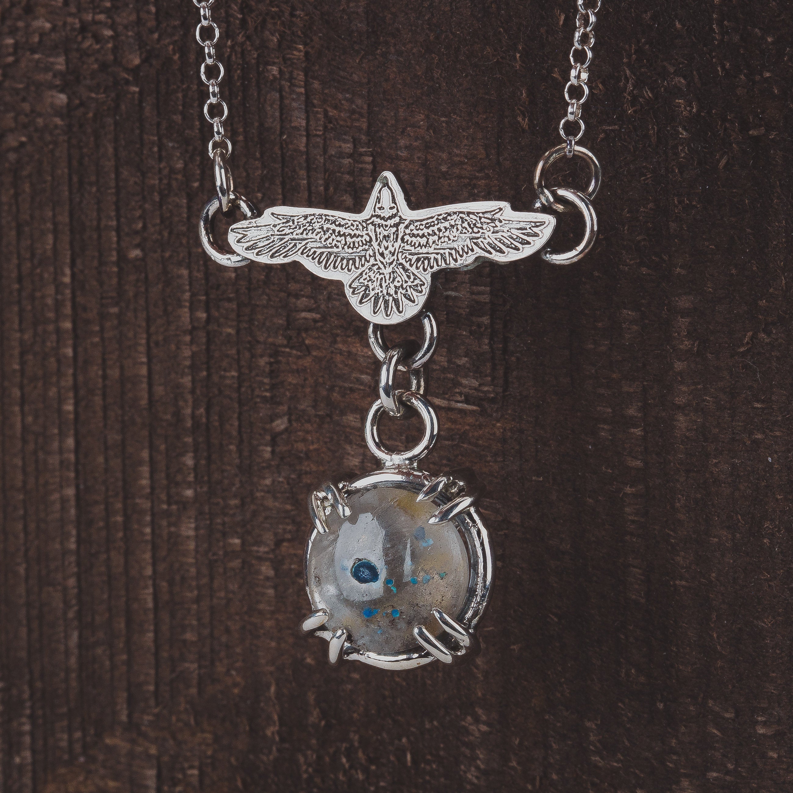 Raven Necklace With Super Rare Medusa Quartz Gemstone In Sterling Silver | Small Aqua Teal Blue Flying Fly Bird Thunderbird Pendant Charm