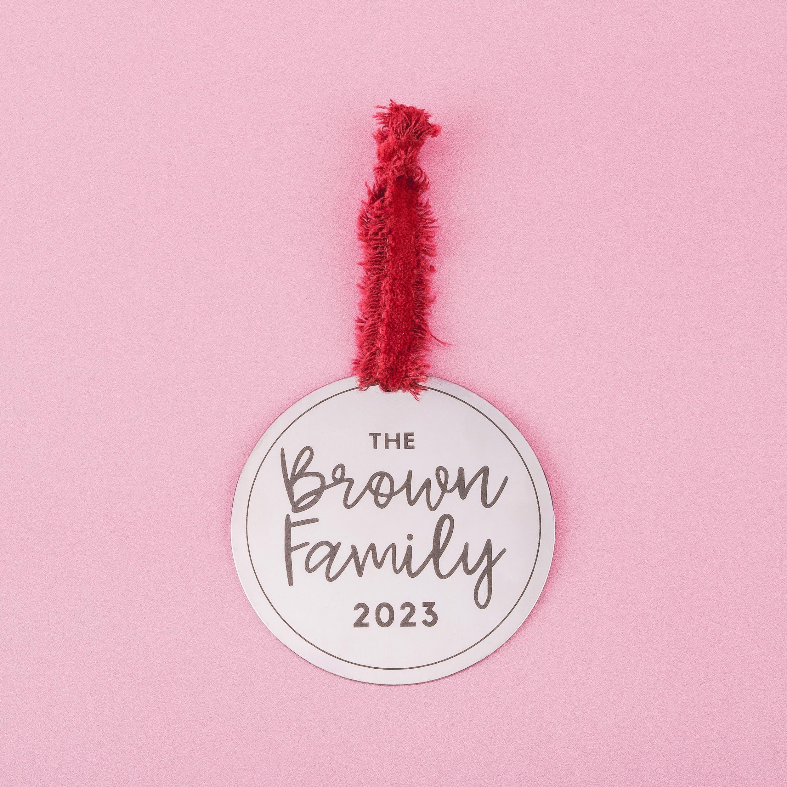 Personalized Family Christmas Ornament | Gift for Newlyweds | Custom Name & Date Holiday Decoration | Modern Brushed Stainless Steel Bauble