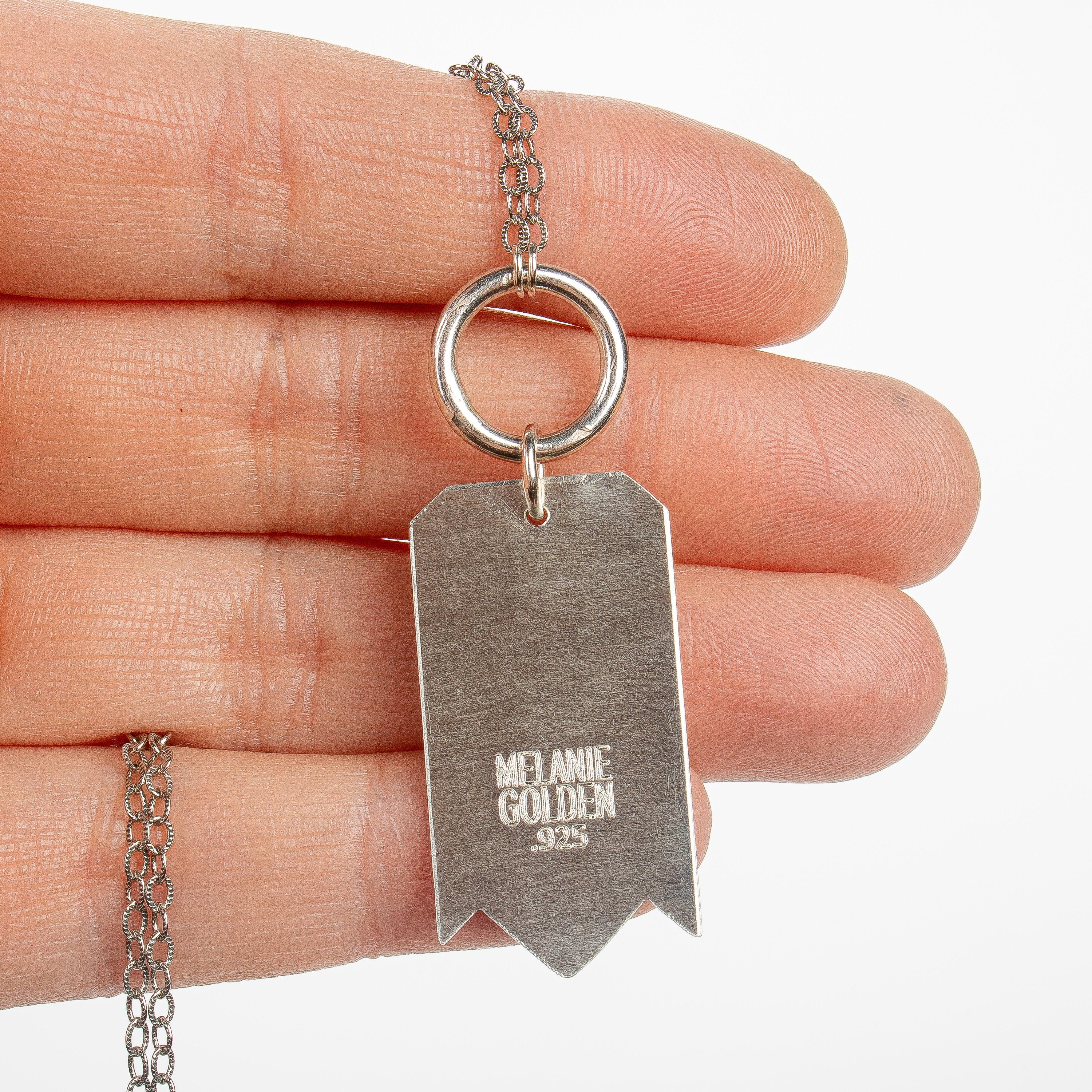 Signature MGJ Aztec Pattern Streamer Necklace In Sterling Silver | Long Southwestern Bohemian Boho Tribal Pendant | Sweater Necklace