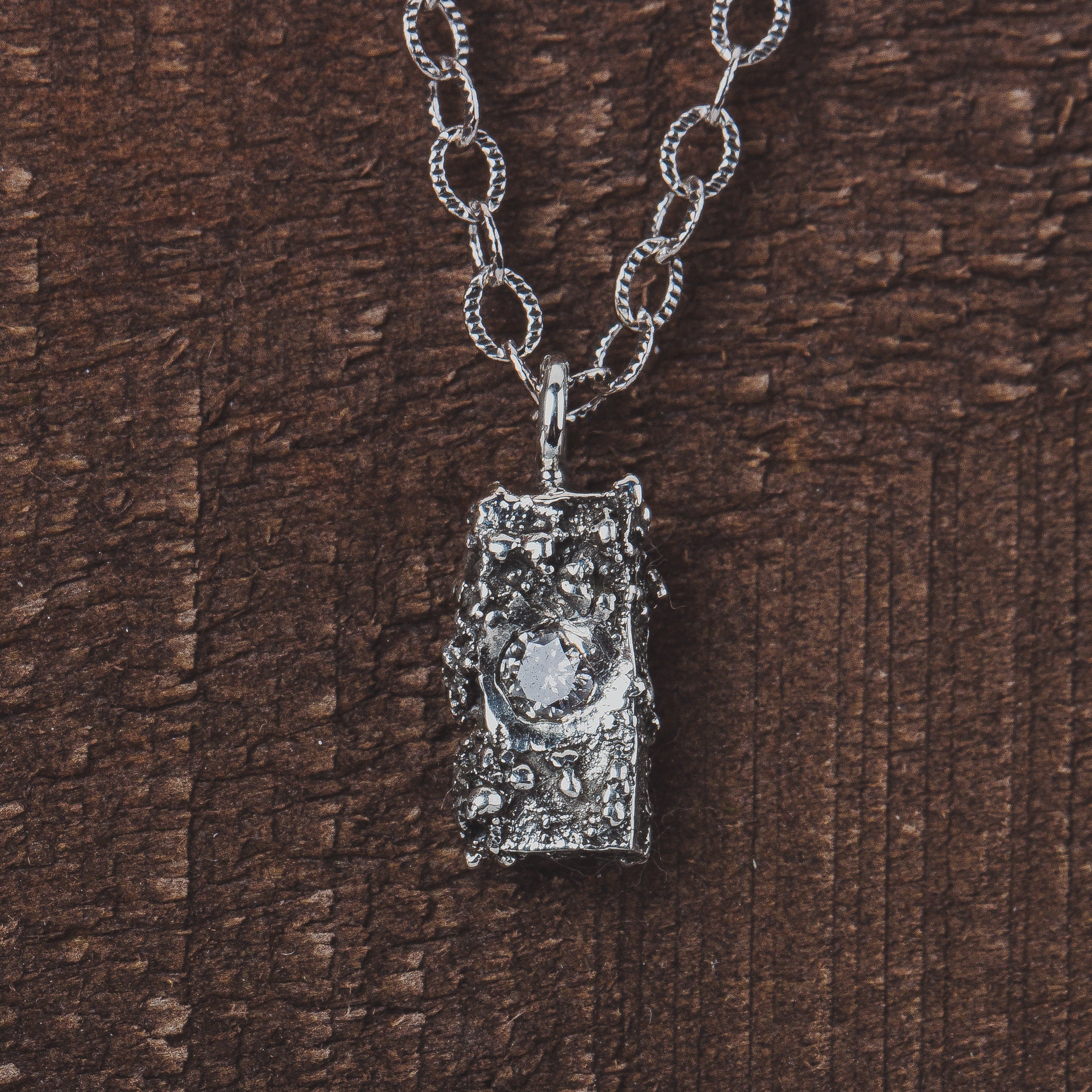 Silvermist Diamond Rugged Textured Brick Necklace | Tiny Small Little Rectangle Cube 925 Sterling Silver Diamond Necklace Pendant