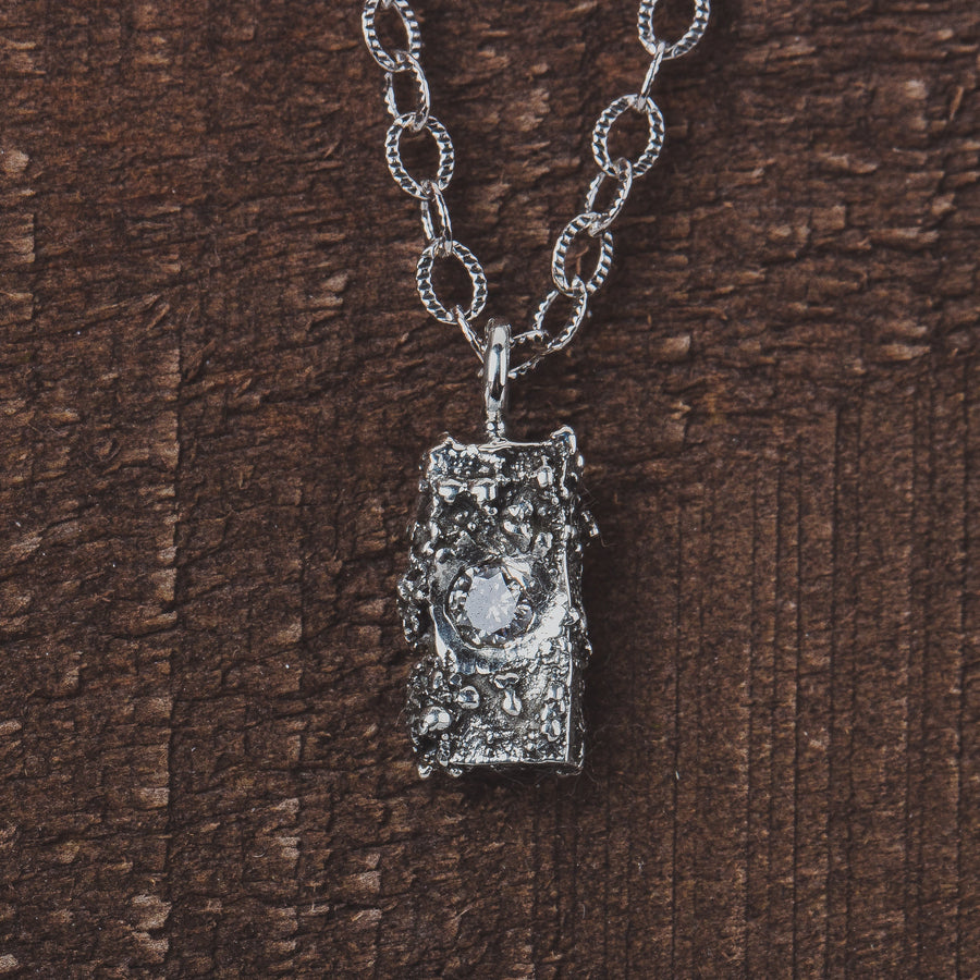 Silvermist Diamond Rugged Textured Brick Necklace | Tiny Small Little Rectangle Cube 925 Sterling Silver Diamond Necklace Pendant