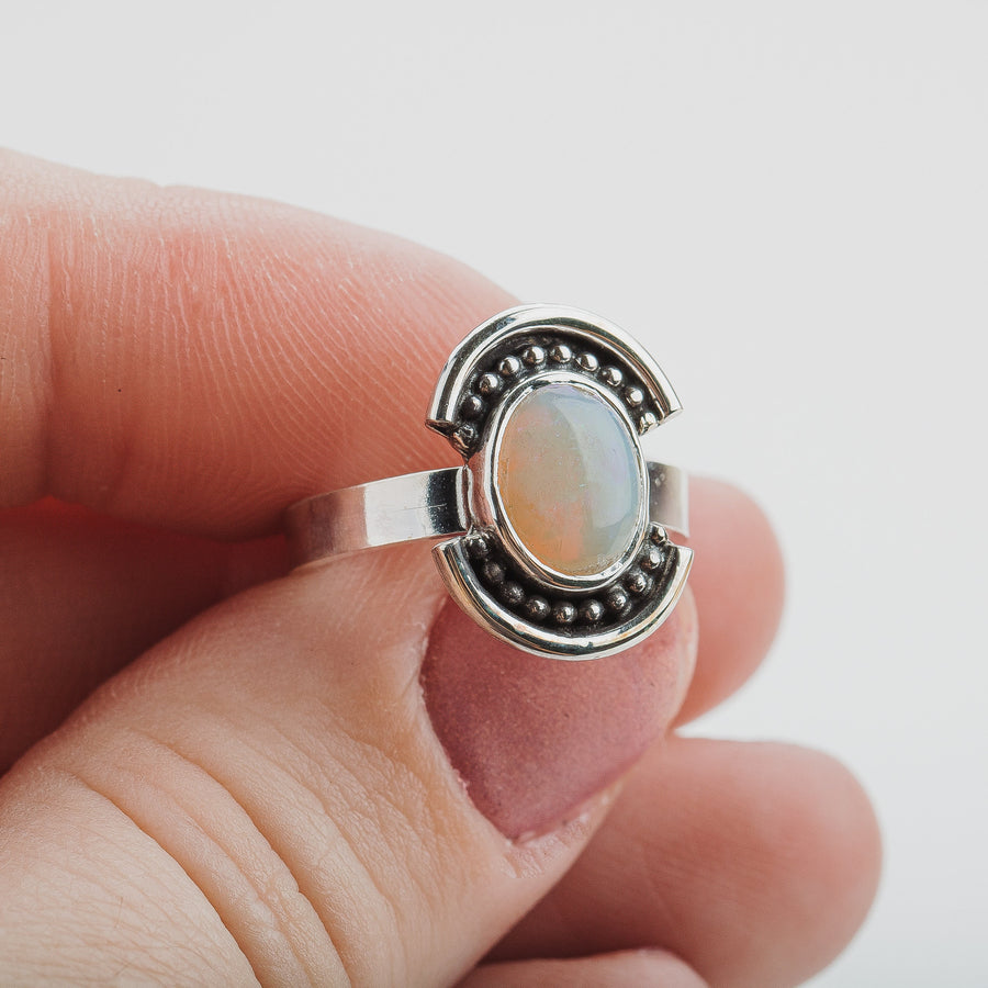 Size 5.25 Opal Shield Ring | Colorful Rainbow Australian Opal Gemstone Ring In Sterling Silver | Beaded Dotted Warrior Oval Statement Ring