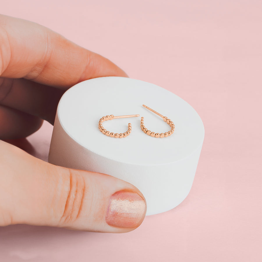 Small Glimmer Hoop Earrings | Gold, Rose Gold, Silver | Mini Dotted Dot Beaded Bead Huggie Hoops | Hammered Minimalist Everyday Studs