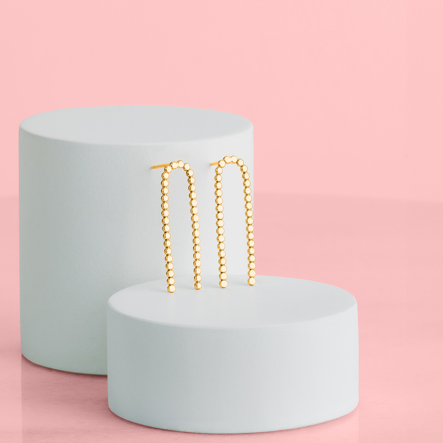 Glimmer Arch Stud Earrings | Gold, Rose Gold, Silver | Big Long Arc Arched Dotted Dot Beaded Bead Posts | Hammered Minimalist Everyday Studs