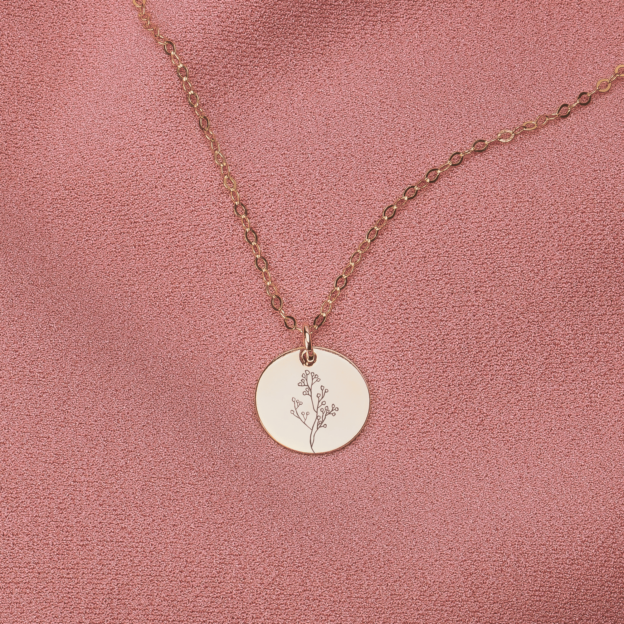 Baby's Breath Flowers Disc Necklace | Engraved Round Bohemian Necklace in Silver, Gold, or Rose Gold | Gift for Mom, Mothers, Friend, Plant Lover | Boho Jewelry