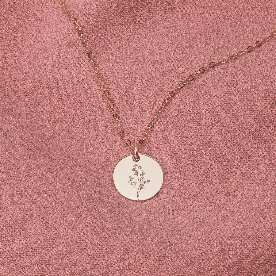 Baby's Breath Flowers Disc Necklace - Melanie Golden Jewelry - _badge_BESTSELLER, bestseller, bridesmaid, disc necklaces, Engraved Jewelry, everyday, flora, love, minimal minimal necklace, minimal necklace, motherhood, necklace, necklaces, VALENTINES, wedding, wedding party