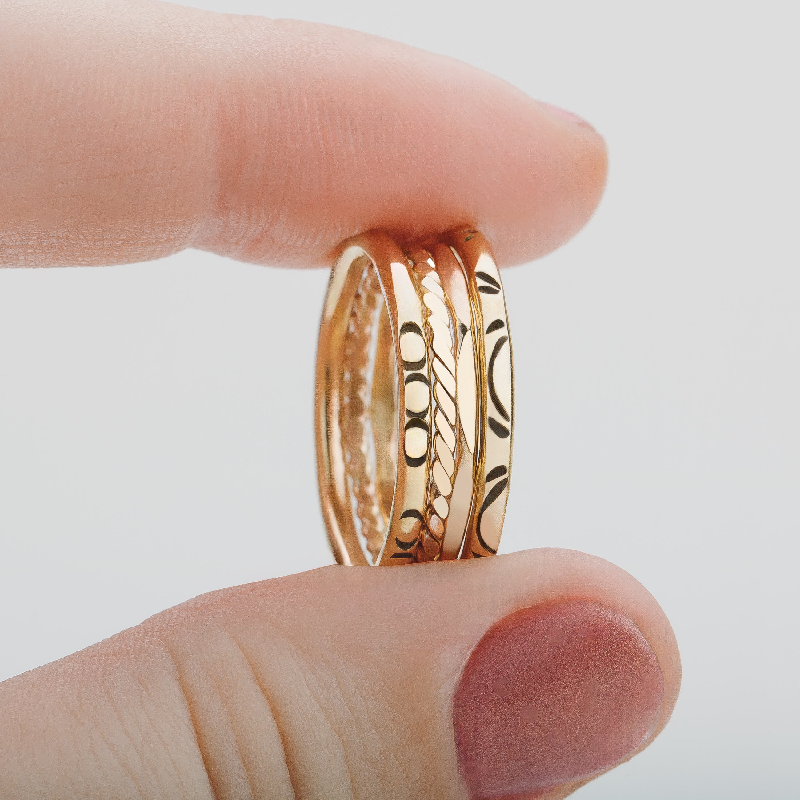 The Mini Happy Stack | Set of 4 Mixed Textures Stacking Rings in Gold, Rose Gold, or Silver | USA Sizes 4-12