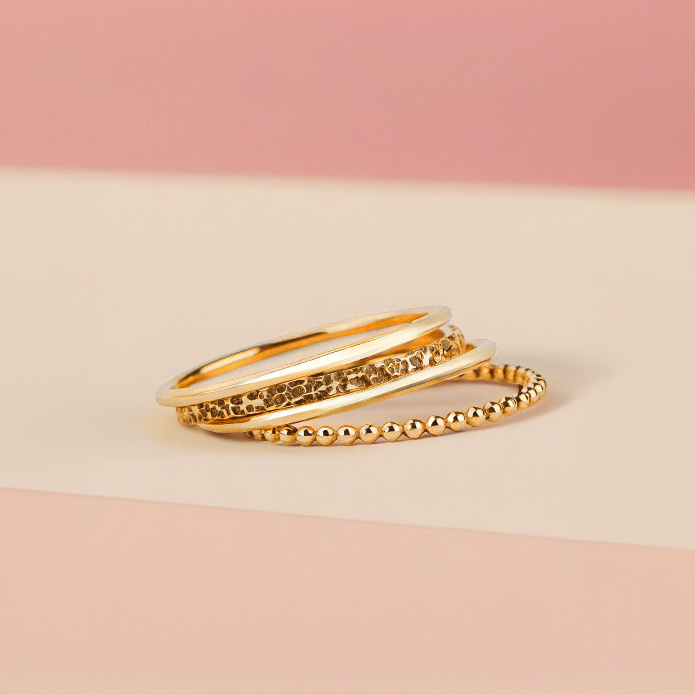 The Claire Stack | Set of 4 Stacking Rings | Smooth, Boulder, and Dot Stackable Stack Rings | Gold, Rose or Silver Mixed Hammered Ring Bands