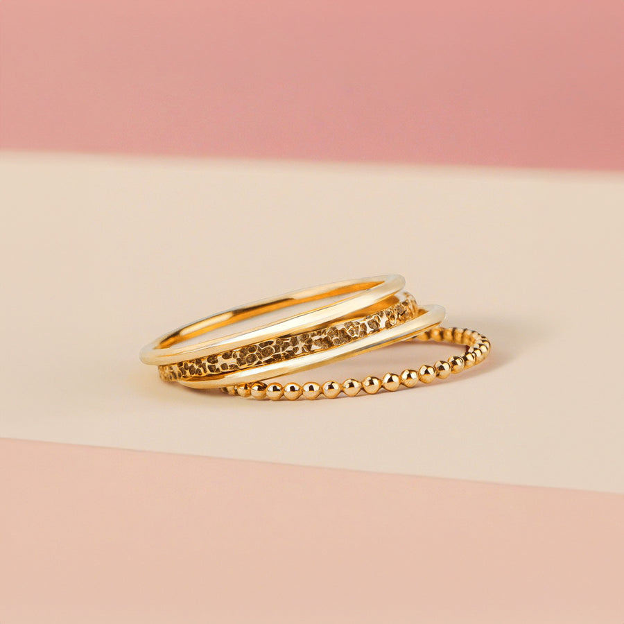 The Claire Stack | Set of 4 Stacking Rings | Smooth, Boulder, and Dot Stackable Stack Rings | Gold, Rose or Silver Mixed Hammered Ring Bands