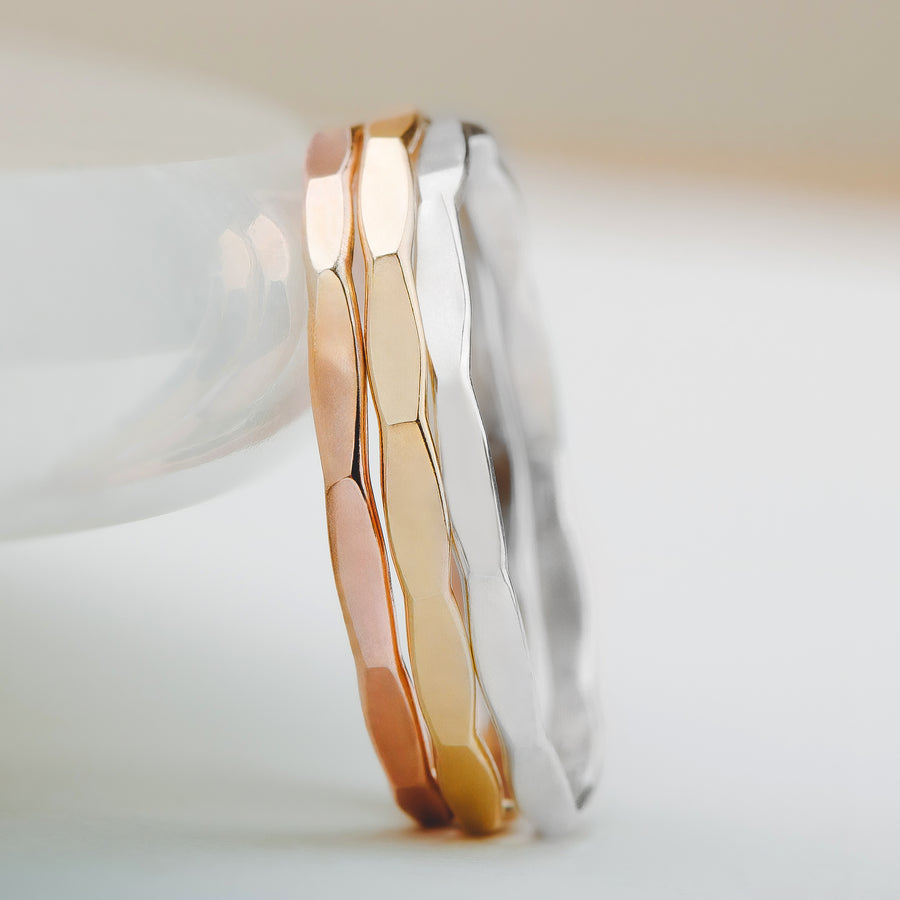 Trio of Mirror Stacking Rings | Set of 3 Mixed Metal 1mm Skinny Hammered Texture Rings | Comfort Fit USA Sizes 4-12