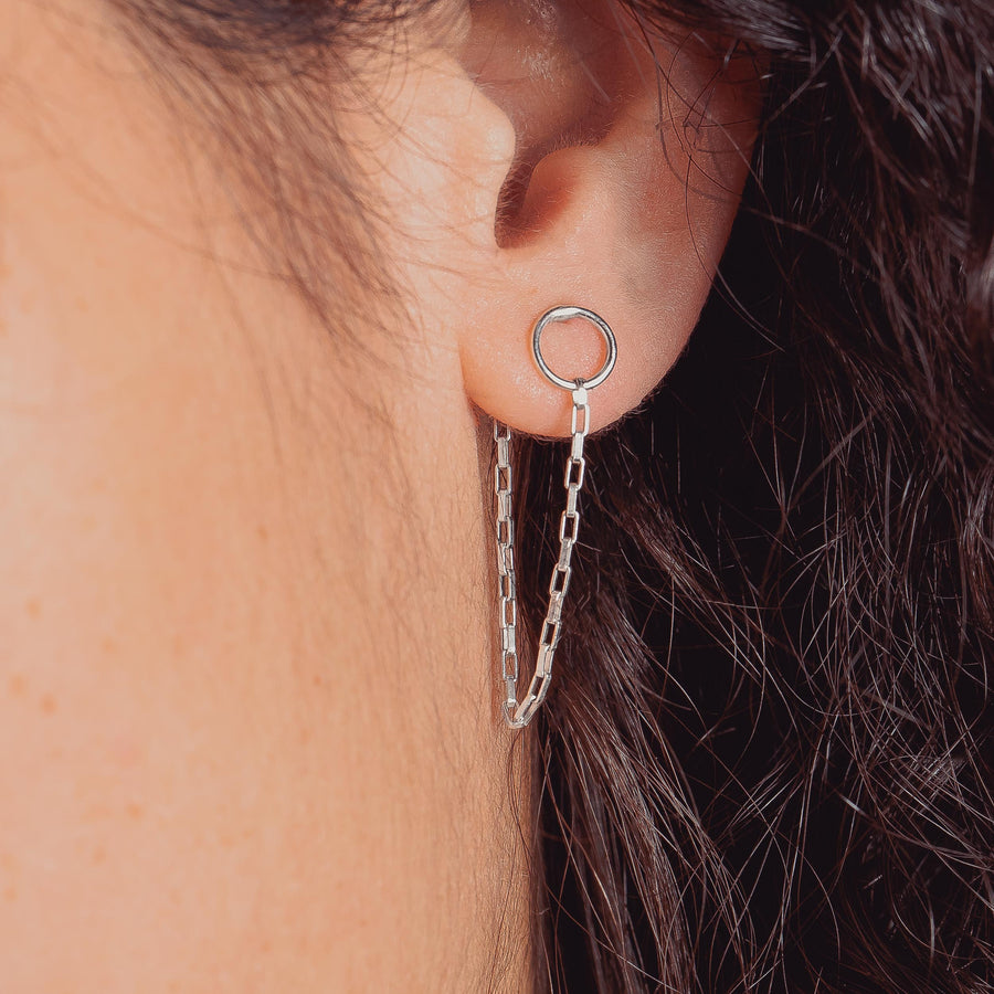 Chain Loop Earrings | Sterling Silver Circle Chain Cuff Post Stud Earrings | Minimalist Edgy Suspension Huggie Hoop Earrings