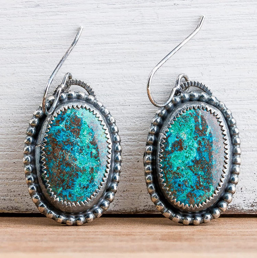 Azurite Gemstone Earrings | Large Oval Oxidized Black Sterling Silver Dangle Drop Earrings