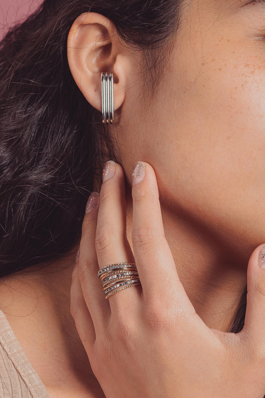 Rowe Suspender Earrings | Sterling Silver Line Bar Cuff Stud Earrings | Geometric Suspension Earrings, Wrap Earrings | Minimalist Everyday