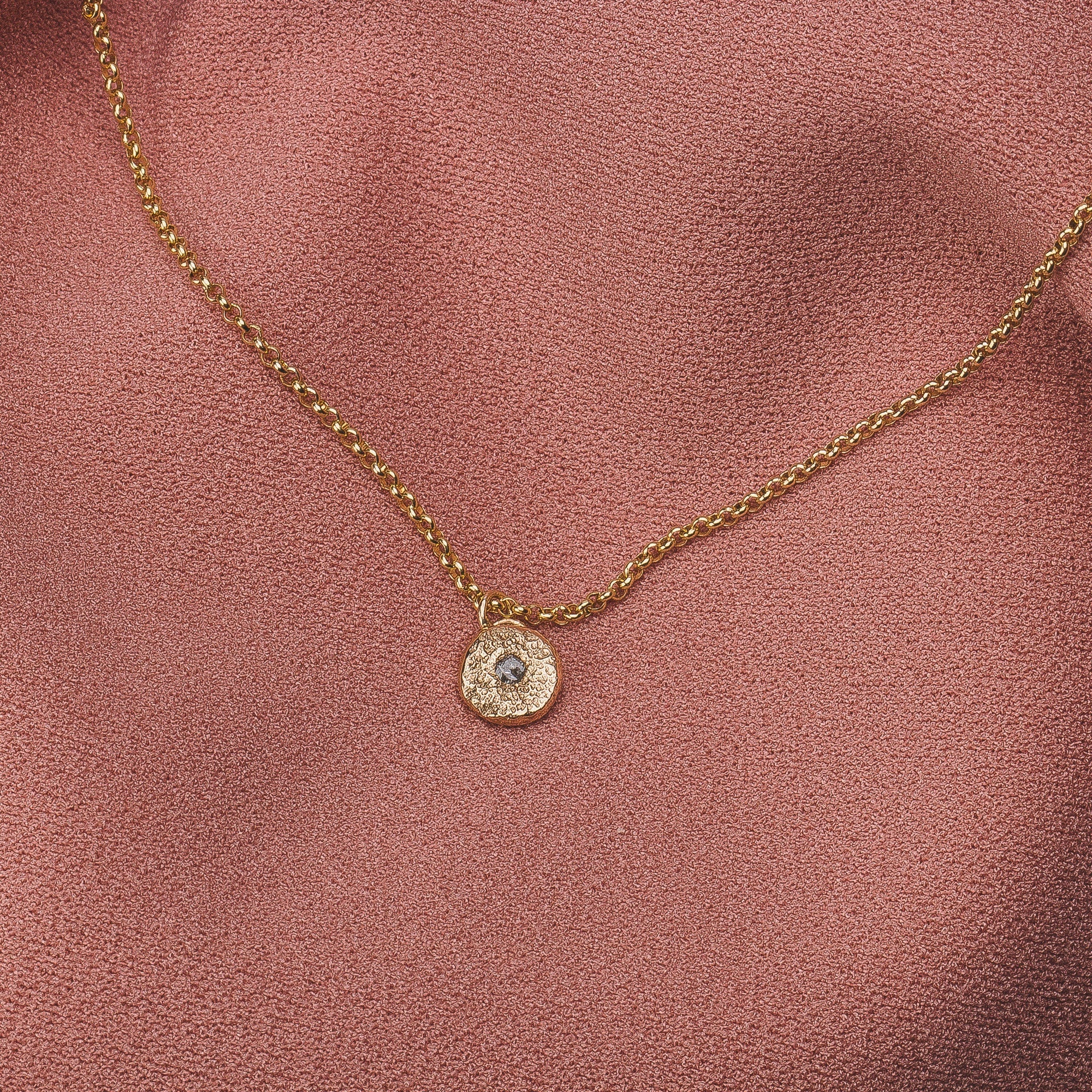 Solid 14K Gold Silvermist Diamond Necklace | Tiny small little round circle 14K yellow gold textured diamond necklace | Gift for her