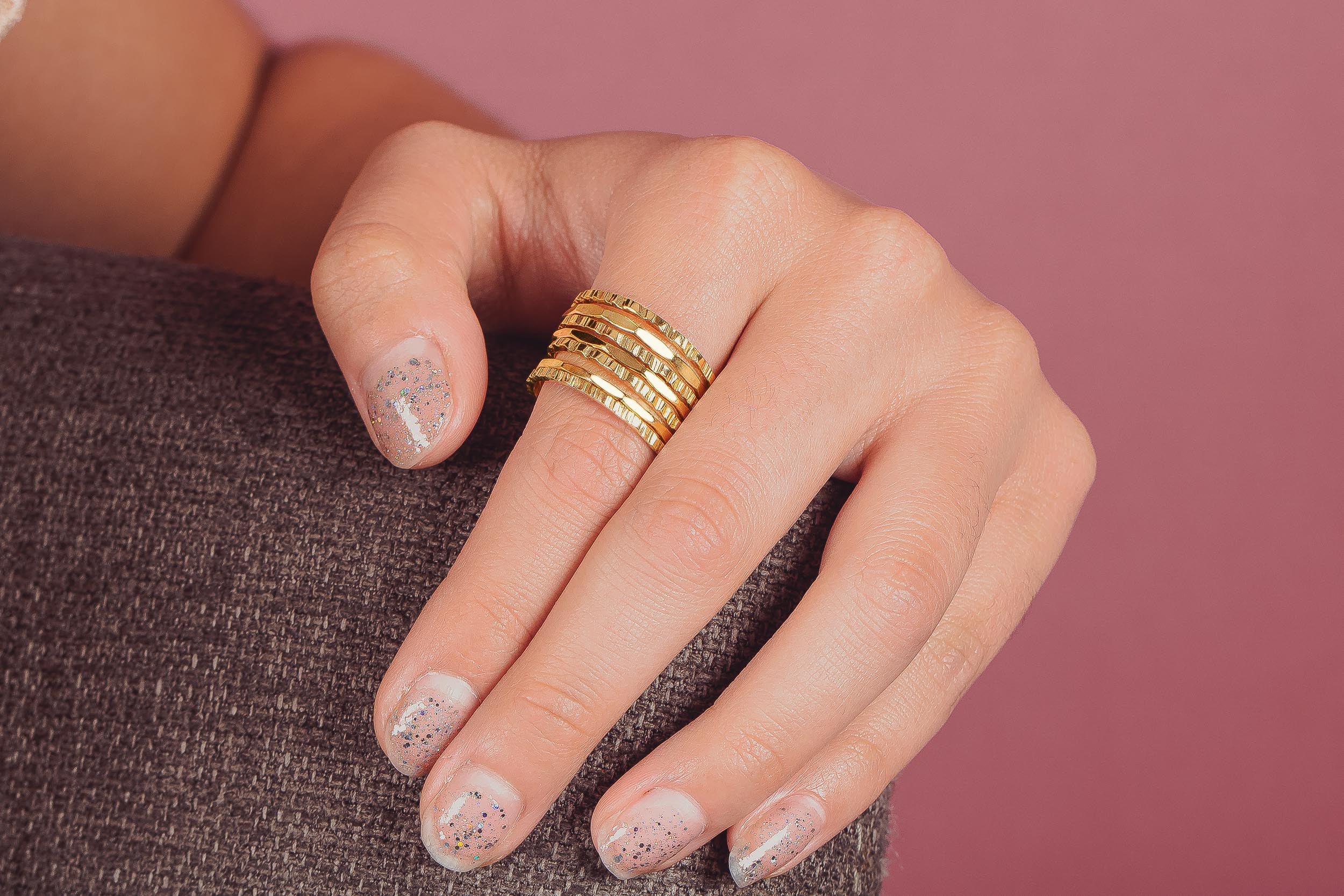 The Amelie Stack | Set of 7 Rugged and Mirror Stacking Rings | Gold, R ...