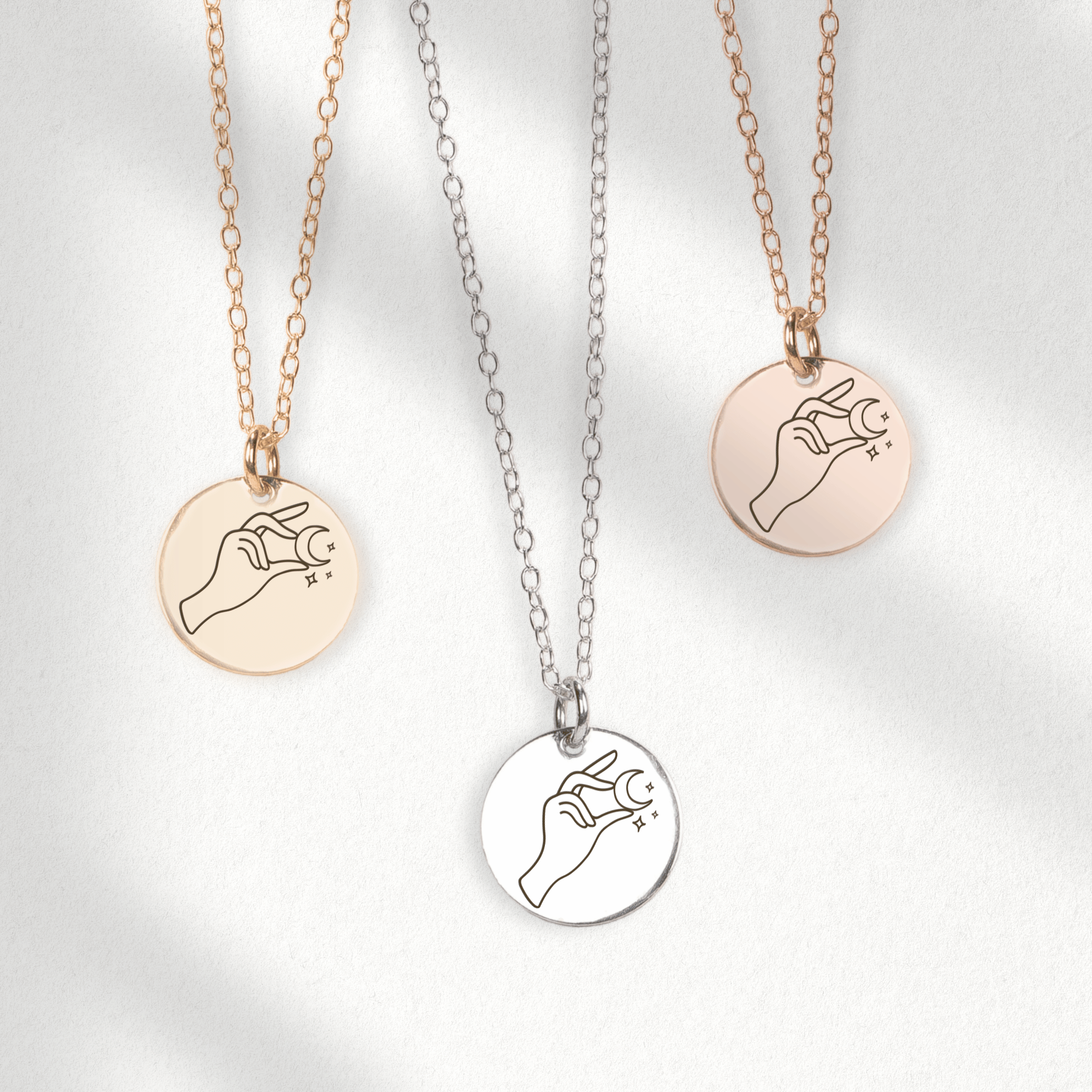 Lady of The Moon Engraved Disc Necklace in Silver, Gold, or Rose Gold | Small Round Circle Boho Bohemian Hippy Gypsy Jewelry for Women