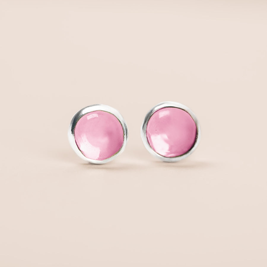 Pink Sapphire Gemstone Stud Earrings | Tiny Sterling Silver Round Circle Light Baby Pink Stone Post Earrings for Women & Girls