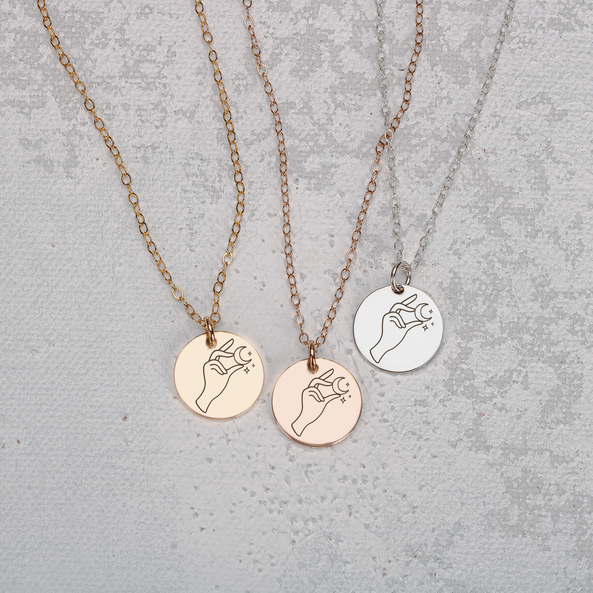 Lady of The Moon Engraved Disc Necklace in Silver, Gold, or Rose Gold | Small Round Circle Boho Bohemian Hippy Gypsy Jewelry for Women