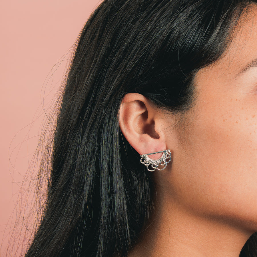 Scribble Half Circle Stud Earrings in Solid 14K Gold, 14K Rose Gold, or Sterling Silver - Melanie Golden Jewelry Designer Series