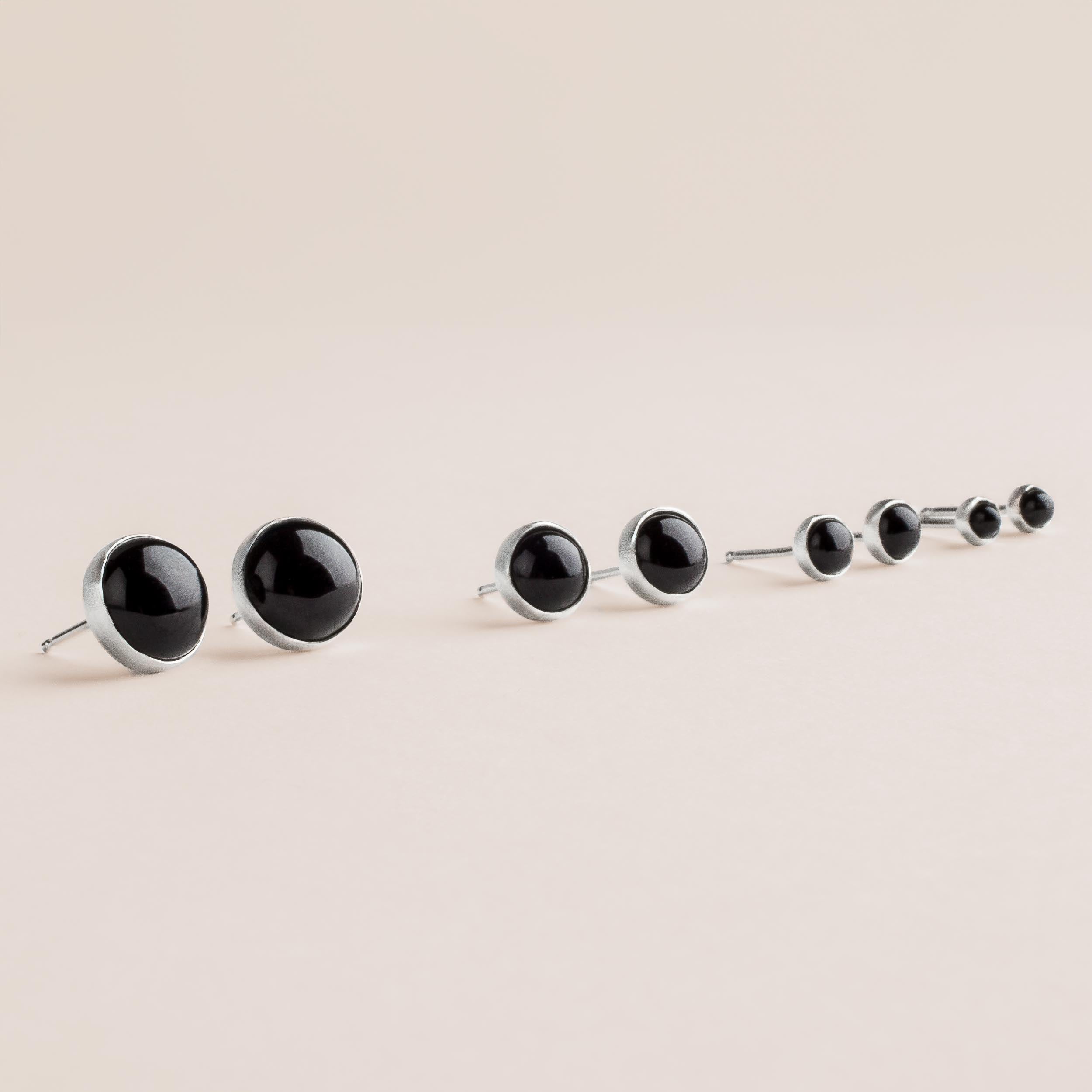 Black Onyx Gemstone Stud Earrings | Sterling Silver Round Circle Dark Stone Post Earrings for Women & Men | Unisex Earrings | Multiple Sizes | December Birthstone Alternative